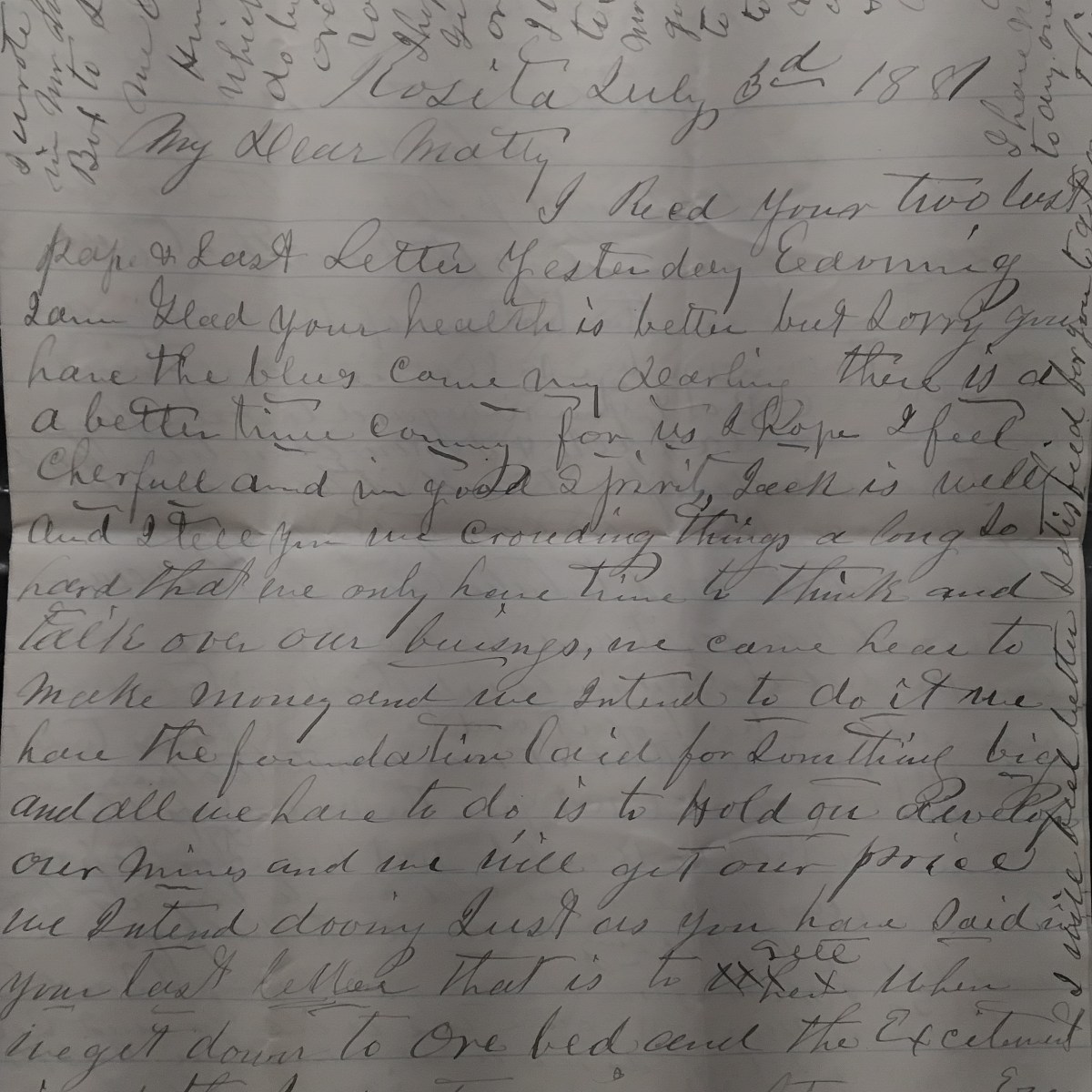 Letter from Hugh McKay to Matty, from Rosita, Colorado, July 3, 1881 and likely mailed to Kahoka, Missouri, Letter 1 of&nbsp;2